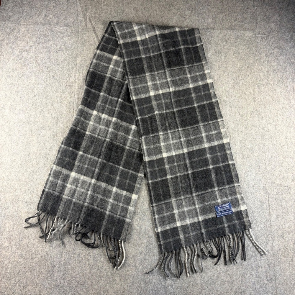 Lochmere Grey Buchanan 100% Cashmere Plaid Scarf Gray White Fringe Made Scotland